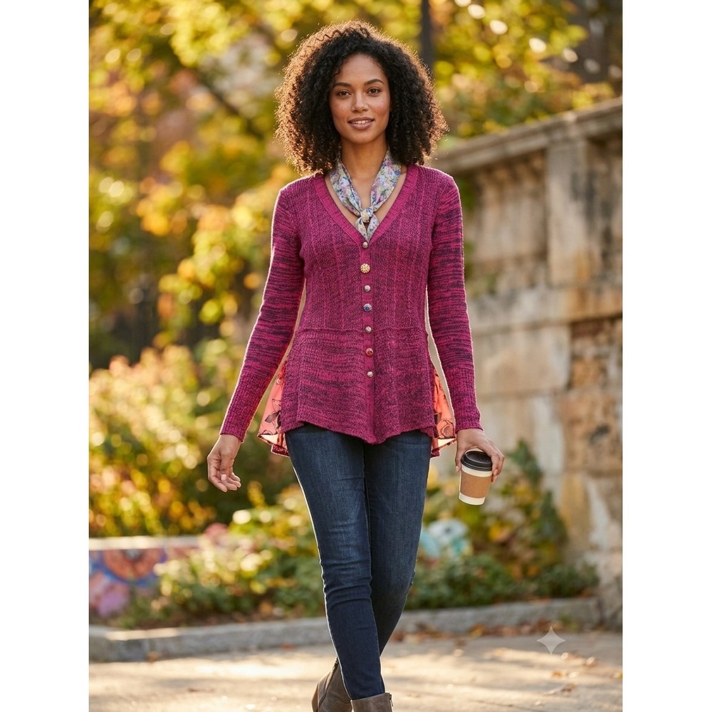 Aratta Silent Journey Peplum Cardigan Womens Small Magenta Floral Velvet Boho